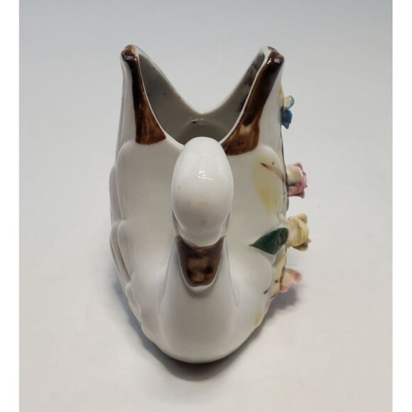 Vintage Small Swan Figurine Planter White Porcelain Hand Painted Floral Design - Picture 2 of 7